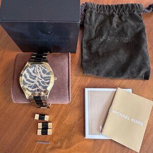 Michael Kors MK-3315 Slim Runway Gold Zebra Crystal Dial Watch Box Bag Book